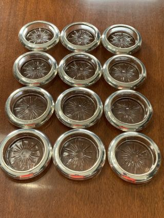 Set Of 12 Vintage Frank M.  Whiting Sterling Silver Rimmed Glass Coasters 05