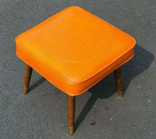Vintage Mid Century Modern Orange Retro Vinyl Footstool Ottoman Taper Legs Brass