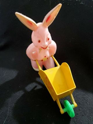 Vintage 6 " Plastic Pink Easter Bunny Rabbit Rosebro Candy Container Wheel Barrow