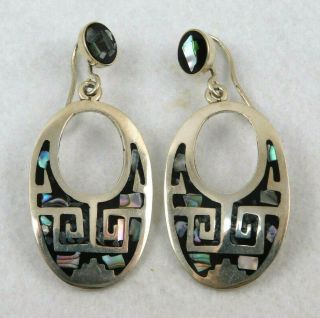 Vintage Signed Taxco Mexico Sterling Silver Abalone Dangle Earrings 16.  3 Grams