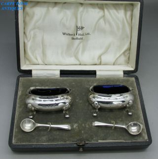 Antique Boxed Pair Solid Silver & Blue Glass Liner Salts With Spoons 103g 1925
