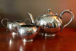 3 - Pce Antique Birks Silverplated Tea Set Teapot Sugar Creamer Engraved Garlands