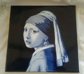 Vintage Delft Ceramic Tile Girl W/ A Pearl Earring Vermeer Hand Painted Blue Wh