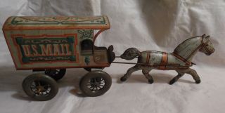 Antique Vintage Tin Litho U.  S.  Mail Horse Drawn Cart Wagon