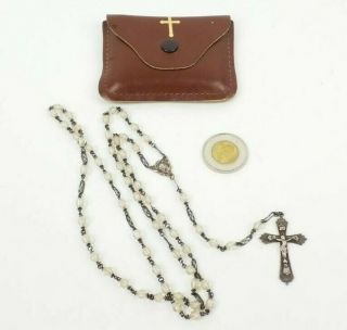 Vintage Rosary Clear Glass Beads / Sterling Silver Cross With Pocket
