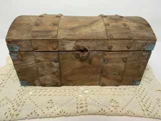 Antique Primitive Small Treasure Chest Dome Wooden Wood Box Very Old