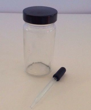Vintage Laboratory Apothecary Clear Glass Jar Black Lid 4 " Eyedropper