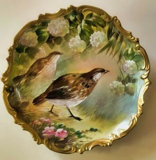 10 " Flambeau Limoges Game Bird Plate Gold Trim Signed France Antique