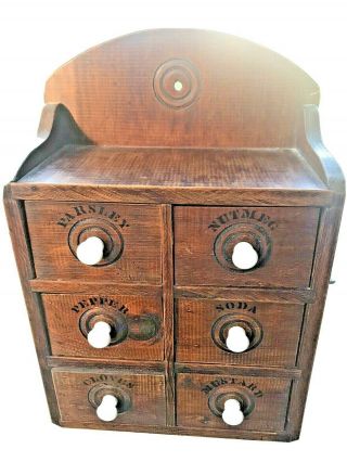 Vtg Antique Hand Paint Wood Spice Chest 6 Drawers Porcelain Knobs Wall Cabinet