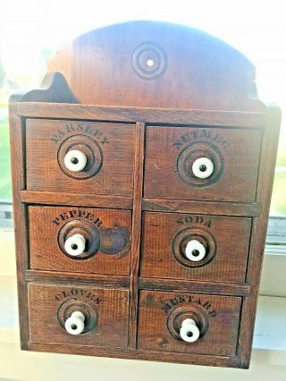 Vtg Antique Hand Paint Wood Spice Chest 6 Drawers Porcelain Knobs Wall Cabinet 2