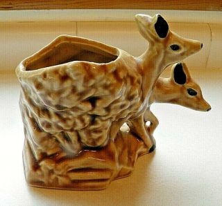 Adorable Vintage Mccoy Pottery Signed Brown Small Deer With Fawn Planter Vase