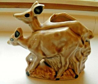 Adorable Vintage McCoy Pottery Signed Brown Small Deer with Fawn Planter Vase 2