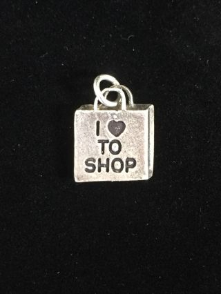 Vintage Sterling Silver I Love To Shop Charm Shopping Bag Heart Square Pendant