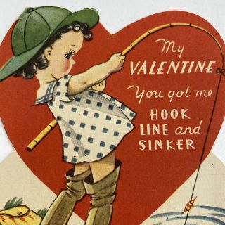Vintage Valentine’s Day Greeting Card Cute Little Girl Fishing Hip Waders