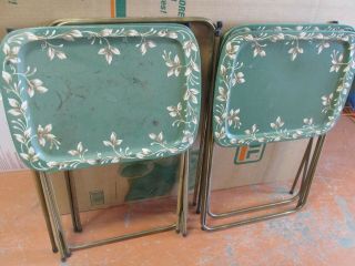 Vintage Set Of 4 Dark Green Tv Trays Flowers Collectable