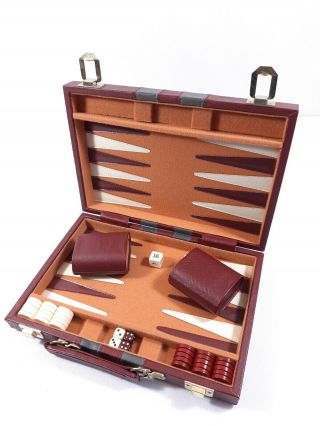 Vintage Backgammon Game With Burgundy Faux - Leather Suitcase - Complete