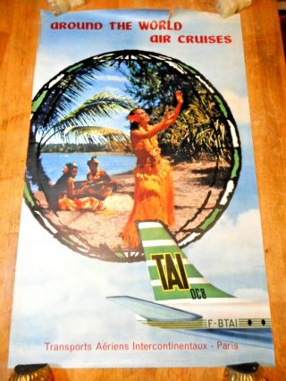 C 1960s Tahiti T.  A.  I.  Airlines Tourist Travel Poster Dc - 8 Hula Dancer