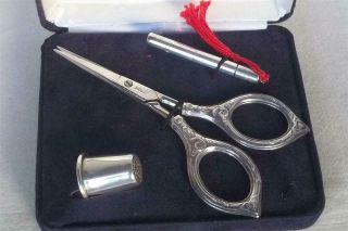 A Vintage Cased Sterling Silver Sewing Set Scissors,  Thimble & Needle Case 1989.