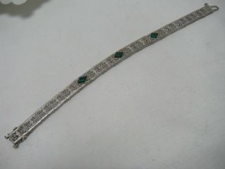 Antique Sterling Filigree Emerald Green Crystal Bracelet Signed Granbery