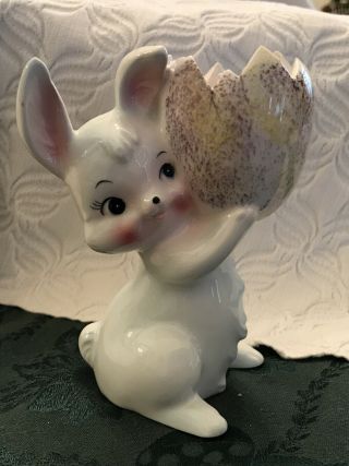 Vintage Norcrest White Bunny Rabbit Holding Cracked Egg Ceramic Planter Figurine