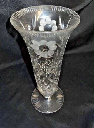 Vintage Crystal Glass Etched Flowers 12 " Footed Vase