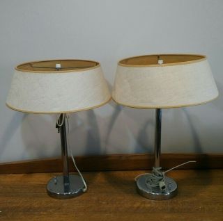 2x Pair Vintage Walter Von Nessen Chrome Desk / Table Lamp Wt Shades