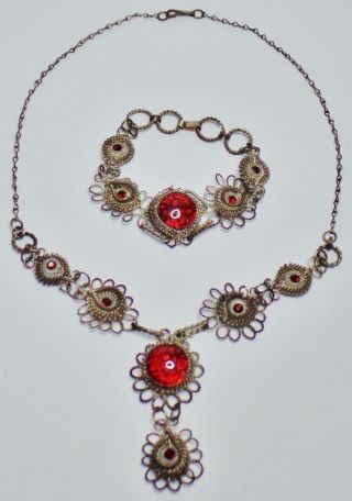 Vintage Mexico Silver Wire Ruby Red Foil Glass Demi Parure Necklace Bracelet Set