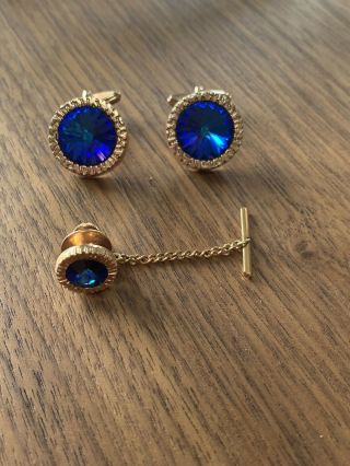 Vintage Cufflinks And Tie Lapel Pin Set Blue Stone Gold
