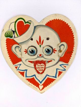 Vintage Mechanical Circus Clown Valentines Day Card Creepy Weird Heart Germany