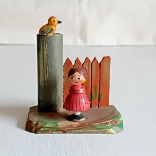 Vintage Antique Miniature Painted Wooden Anri Toy Girl Bird Folk Art Erzgebirge
