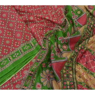 Sanskriti Vintage Red Sarees Pure Silk Printed Sari Soft 5yd Floral Craft Fabric