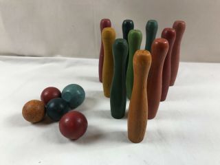 10 Antique Mini 41/2” Wood Bowling Pins & 5 Wood Balls