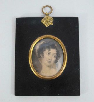 Georgian Antique Portrait Miniature Lithograph Print Of A Lady 1800s