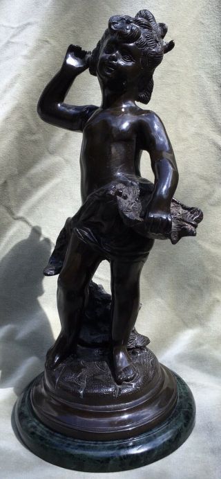 Cast Bronze Cherub Figurine - Statue On Green Marble Base
