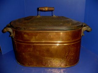 Antique Primitive Copper Wash Tub Boiler Wood Handles With Lid Rome On Handles