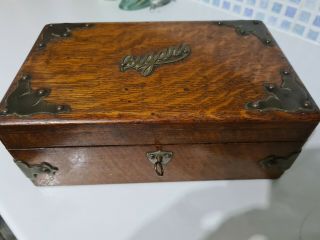 Vintage Wooden Cigar Box With Brass Detailing And Lock And Key