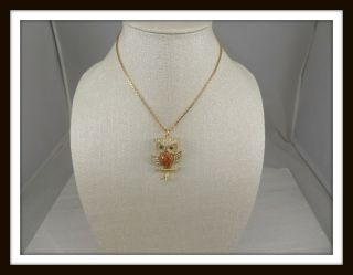 Vintage Gold - Tone Owl Pendant Necklace W/rhinestone Details 5229