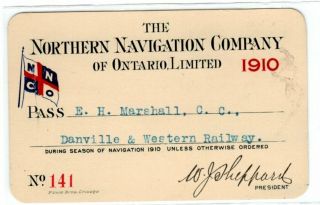 1910 Annual Pass - Northern Navigation Co.  Of Ontario
