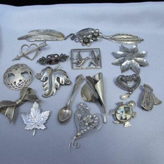 17 Pc Group Sterling Silver 925 Antique & Vintage Brooches Pins 108.  3g A829