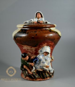 Fantastic Antique Japanese Sumida Gawa Ban Ni Pottery Jar Vase & Cover