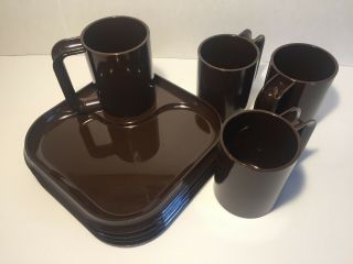 Vintage Ingrid Plastic Snax Set Tray Plates Mugs Picnic Camping Mcm Brown