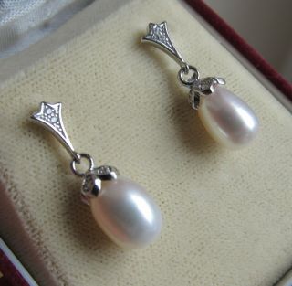 Elegant 925 Sterling Silver Real Pearl & Crystal Vintage Style Cocktail Earrings