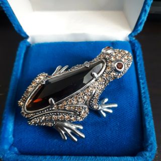 Vintage Huge Frog Brooch/pin Set With Rhinestones And Large Topaz Glass Stone