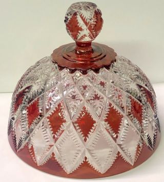 Antique 1908 Millersburg Crystal & Ruby Stain Butter Dish Lid Diamonds Pattern