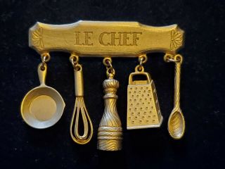 Vintage Le Chef French Cooking Brooch Pin With Kitchen Utensil Charms Dangles