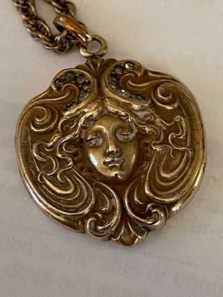 Antique Art Nouveau Period Woman’s Face Locket Gold Filled On A G.  F.  Chain