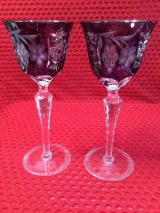 Two (2) Nachtmann Traube Bohemian Cut Tall Crystal Wine Hock Ruby Red Grape