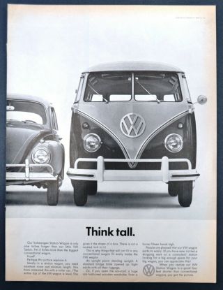 1961 Vw Bus Beetle Photo Think Tall Volkswagen Vintage Print Ad