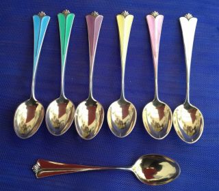 Vintage David Andersen Norway Silver Gilt And Guilloche Enamel 6 Spoons,  1.