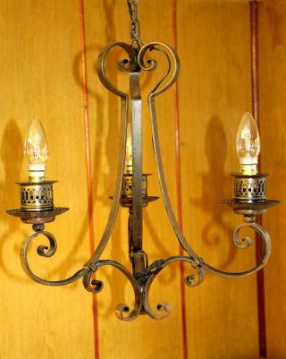 French Vintage Rustic Chandelier Steel 3 Arms Light - Chateau Ceiling Lamp